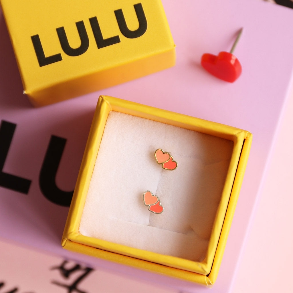 LULU Copenhagen 2Hearts earring 1 pcs gold plated Ear stud, 1 pcs Burnt Coral-Orange Coral