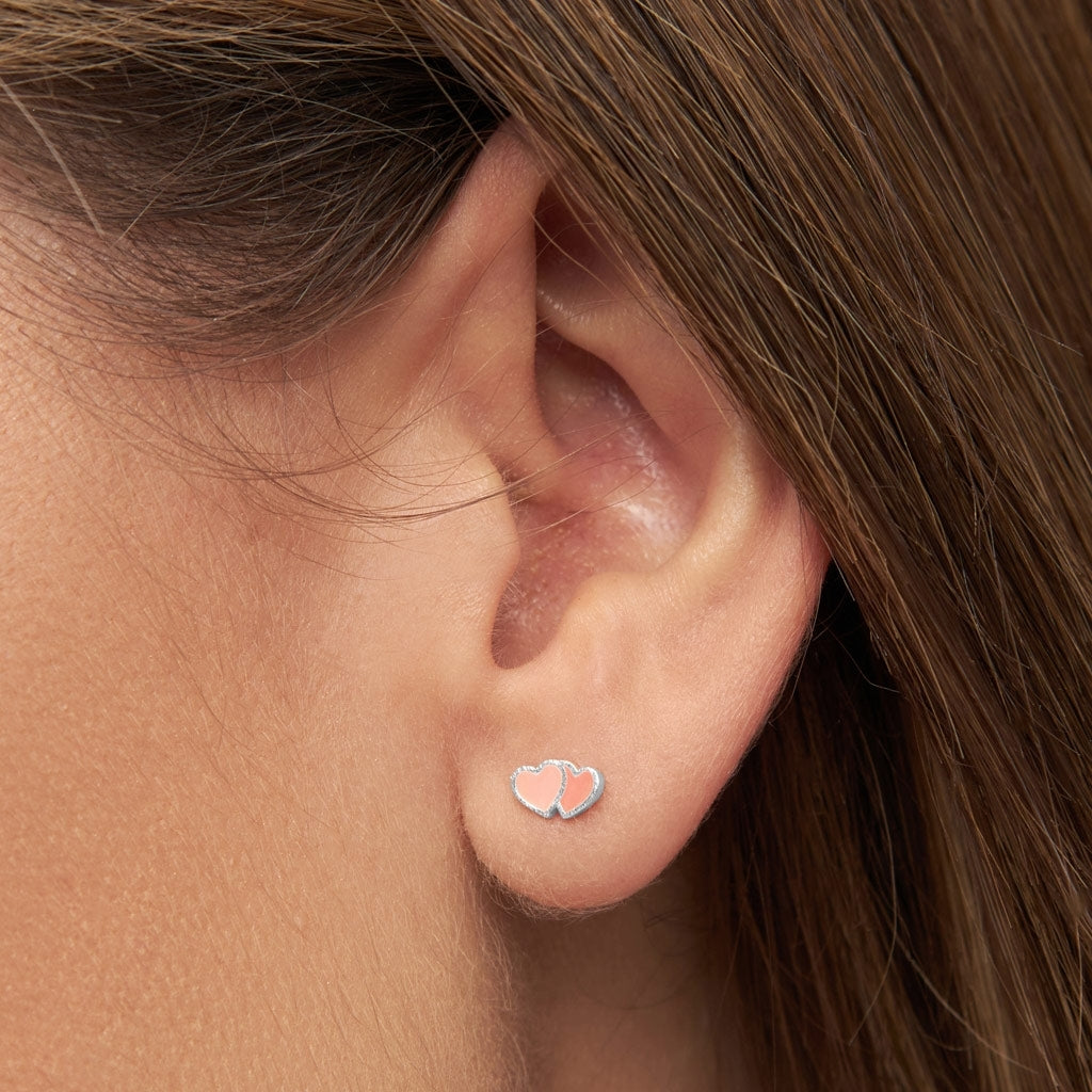 LULU Copenhagen 2Hearts earring 1 pcs silver plated Ear stud, 1 pcs Burnt Coral-Orange Coral