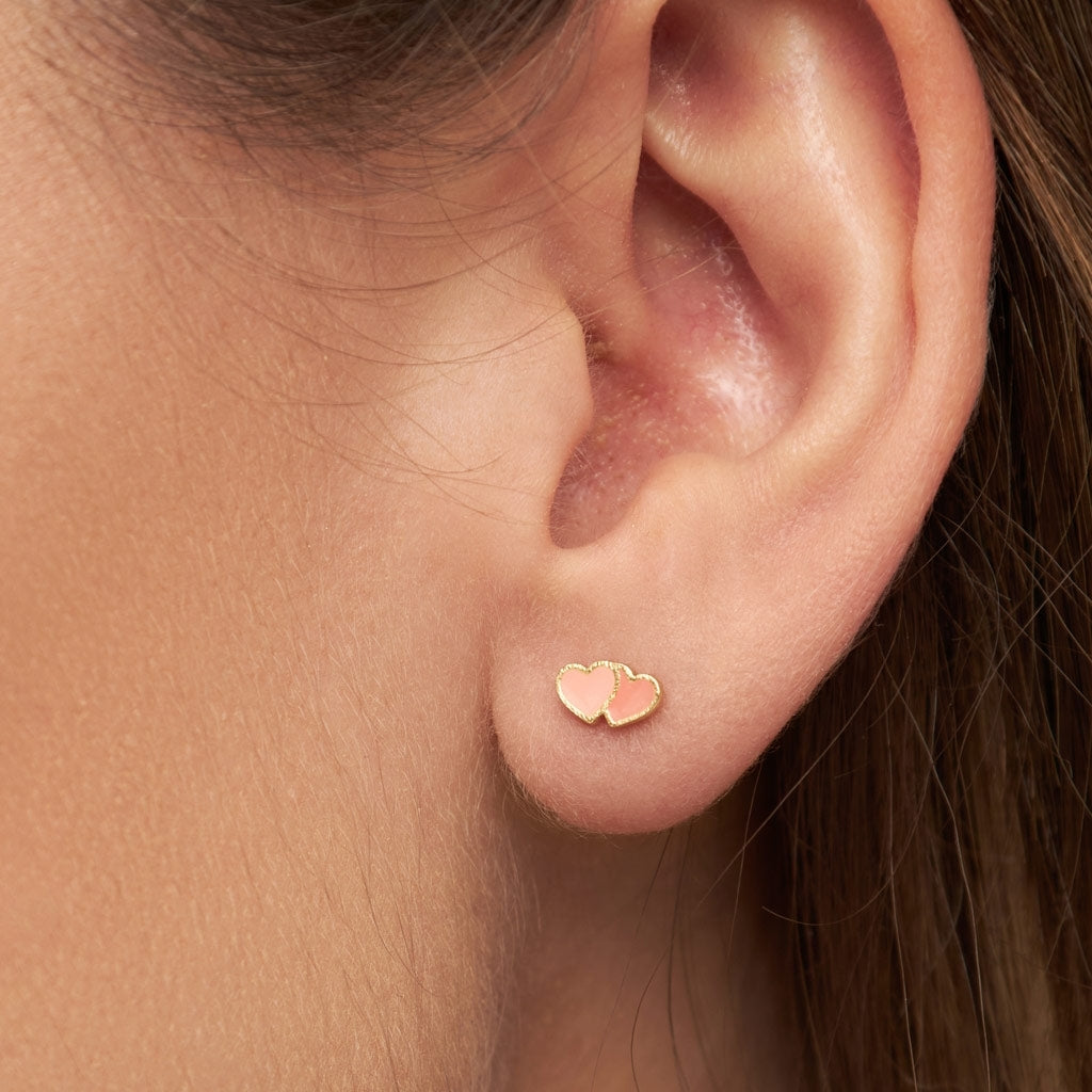LULU Copenhagen 2Hearts earring 1 pcs gold plated Ear stud, 1 pcs Burnt Coral-Orange Coral