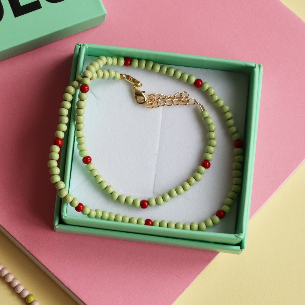LULU Copenhagen Color Ball Necklace Short Necklaces Silk Light Green/Passion Red